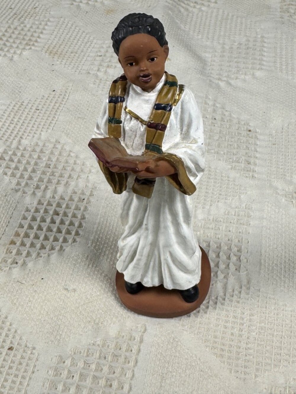 Hand Painted Resin Choir Woman Figurine In White Robe Gold Accent Holding Hymnal
